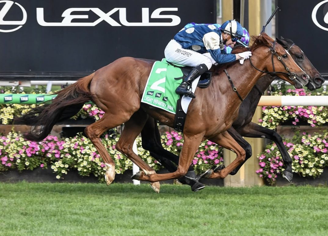 A winning horse and jockey after a feature race